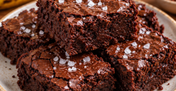 Brownie fondant sans farine découpé en carrés, préparé avec bananes mûres, beurre de cacahuète et cacao, avec une pincée de fleur de sel.