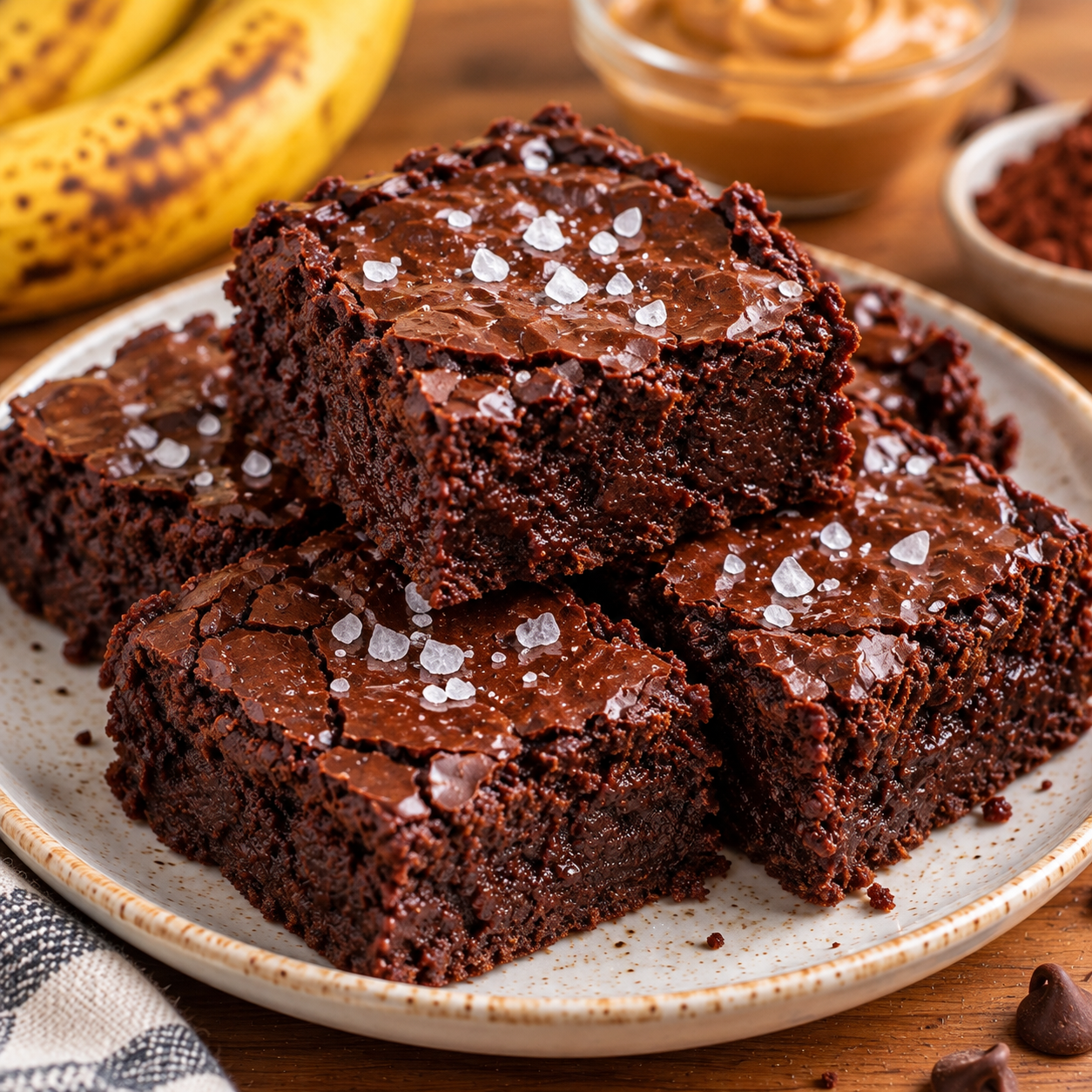 Brownie fondant sans farine découpé en carrés, préparé avec bananes mûres, beurre de cacahuète et cacao, avec une pincée de fleur de sel.