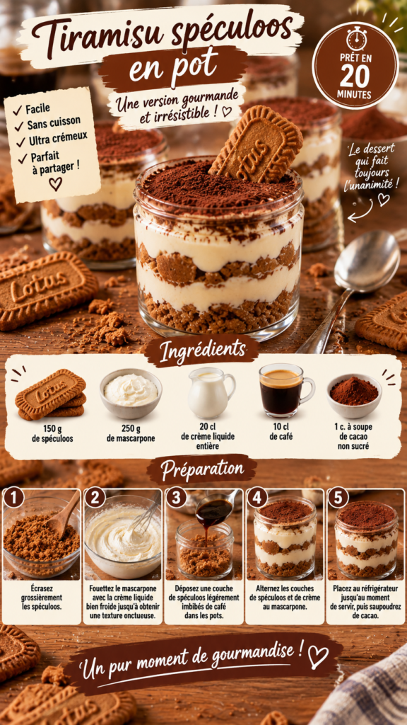 Tiramisu spéculoos servi en pots individuels avec couches de biscuits imbibés de café, crème mascarpone onctueuse et cacao non sucré.
