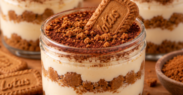 Tiramisu spéculoos servi en pots individuels avec couches de biscuits imbibés de café, crème mascarpone onctueuse et cacao non sucré.