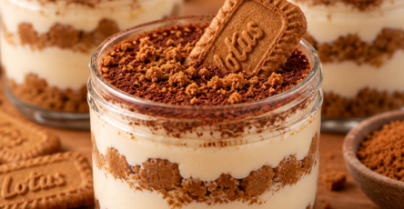 Tiramisu spéculoos servi en pots individuels avec couches de biscuits imbibés de café, crème mascarpone onctueuse et cacao non sucré.