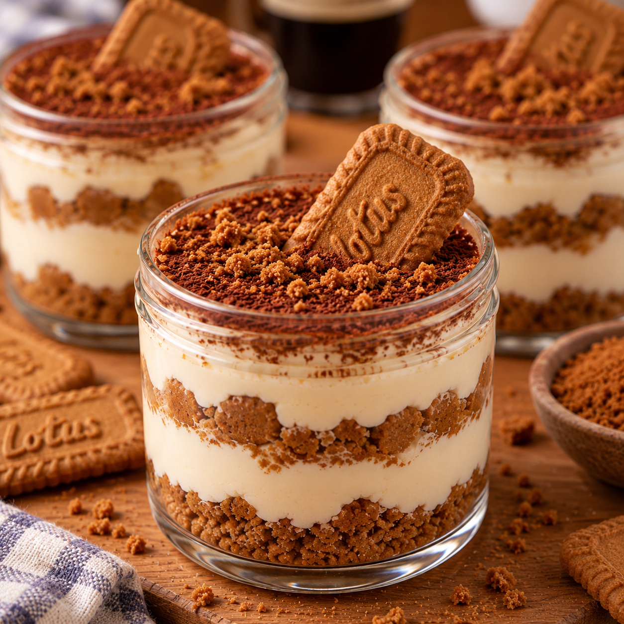 Tiramisu spéculoos servi en pots individuels avec couches de biscuits imbibés de café, crème mascarpone onctueuse et cacao non sucré.