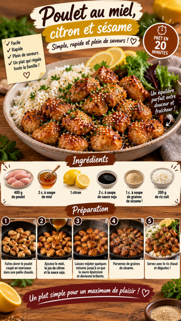 Morceaux de poulet dorés et enrobés d’une sauce brillante au miel, citron et sauce soja, parsemés de graines de sésame et servis avec du riz chaud.