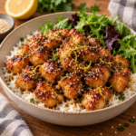 Morceaux de poulet dorés et enrobés d’une sauce brillante au miel, citron et sauce soja, parsemés de graines de sésame et servis avec du riz chaud.