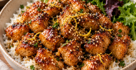 Morceaux de poulet dorés et enrobés d’une sauce brillante au miel, citron et sauce soja, parsemés de graines de sésame et servis avec du riz chaud.