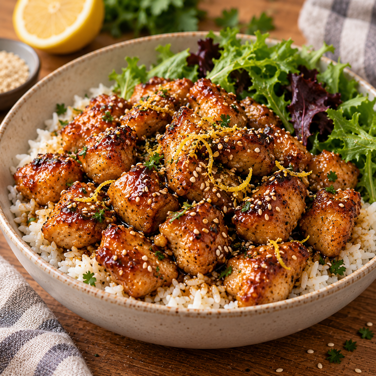 Morceaux de poulet dorés et enrobés d’une sauce brillante au miel, citron et sauce soja, parsemés de graines de sésame et servis avec du riz chaud.