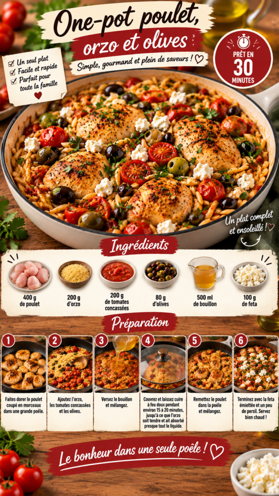 One-pot crémeux d’orzo au poulet avec tomates concassées, olives et feta émiettée, servi chaud directement dans une grande poêle.