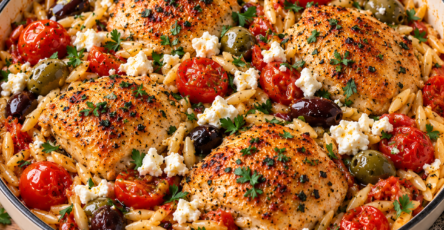 One-pot crémeux d’orzo au poulet avec tomates concassées, olives et feta émiettée, servi chaud directement dans une grande poêle.