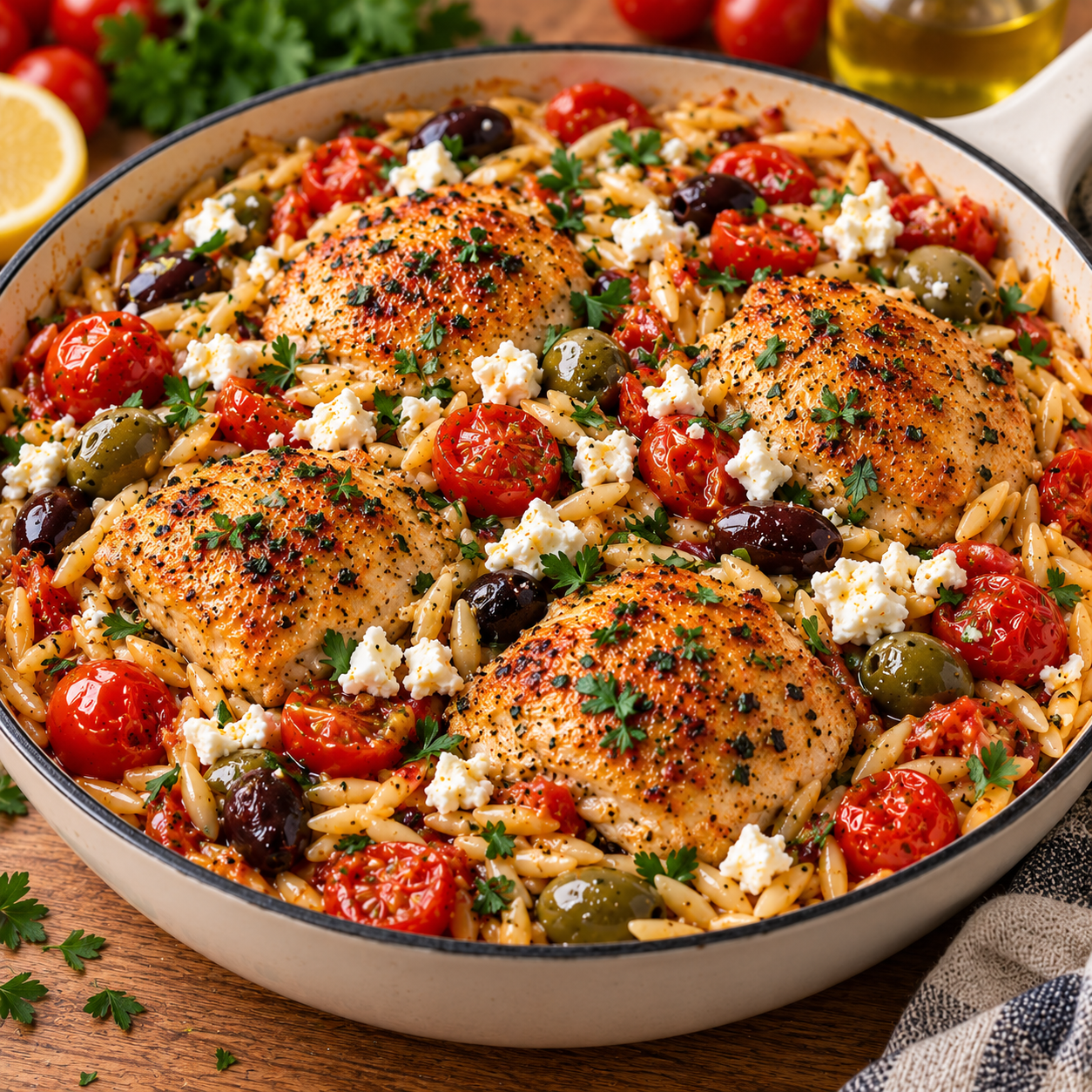 One-pot crémeux d’orzo au poulet avec tomates concassées, olives et feta émiettée, servi chaud directement dans une grande poêle.