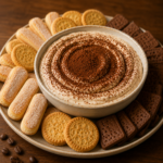 Dip tiramisu au café crémeux au mascarpone, saupoudré de cacao en poudre et servi dans un bol avec des biscuits croquants à tremper.