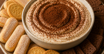 Dip tiramisu au café crémeux au mascarpone, saupoudré de cacao en poudre et servi dans un bol avec des biscuits croquants à tremper.