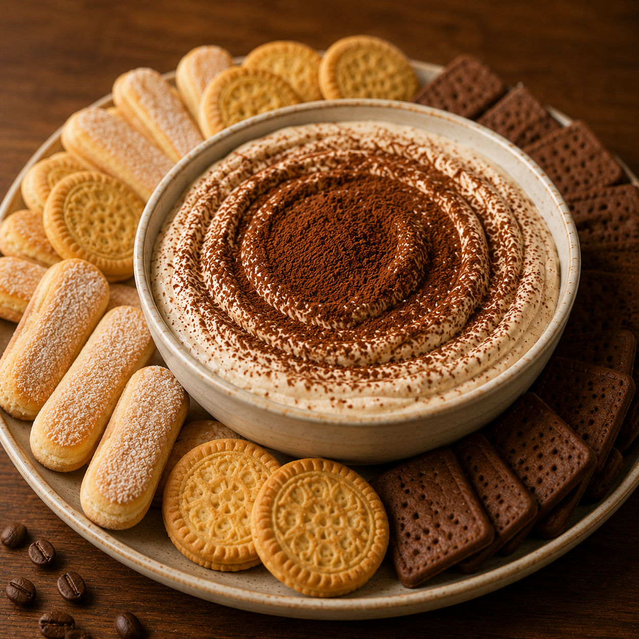 Dip tiramisu au café crémeux au mascarpone, saupoudré de cacao en poudre et servi dans un bol avec des biscuits croquants à tremper.