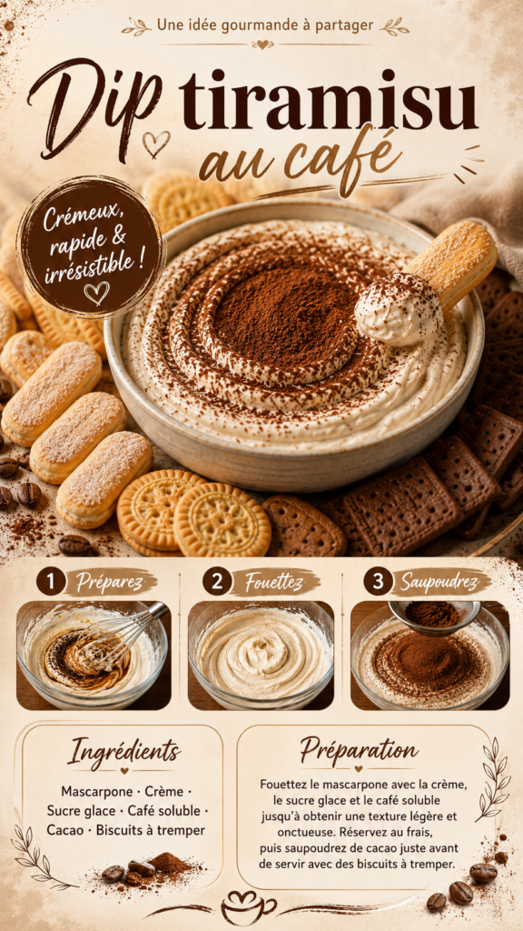 Dip tiramisu au café crémeux au mascarpone, saupoudré de cacao en poudre et servi dans un bol avec des biscuits croquants à tremper.