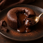 Fondant au chocolat individuel avec fine croûte cuite et cœur de chocolat chaud intensément coulant, servi sur une assiette avec morceaux de chocolat noir.