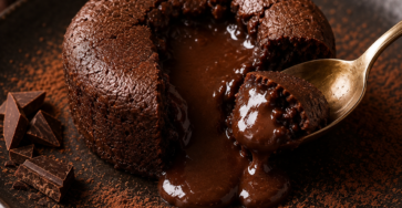 Fondant au chocolat individuel avec fine croûte cuite et cœur de chocolat chaud intensément coulant, servi sur une assiette avec morceaux de chocolat noir.