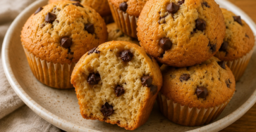 Muffins maison moelleux à la compote et aux pépites de chocolat, bien gonflés et légèrement dorés, présentés pour un goûter de rentrée scolaire.