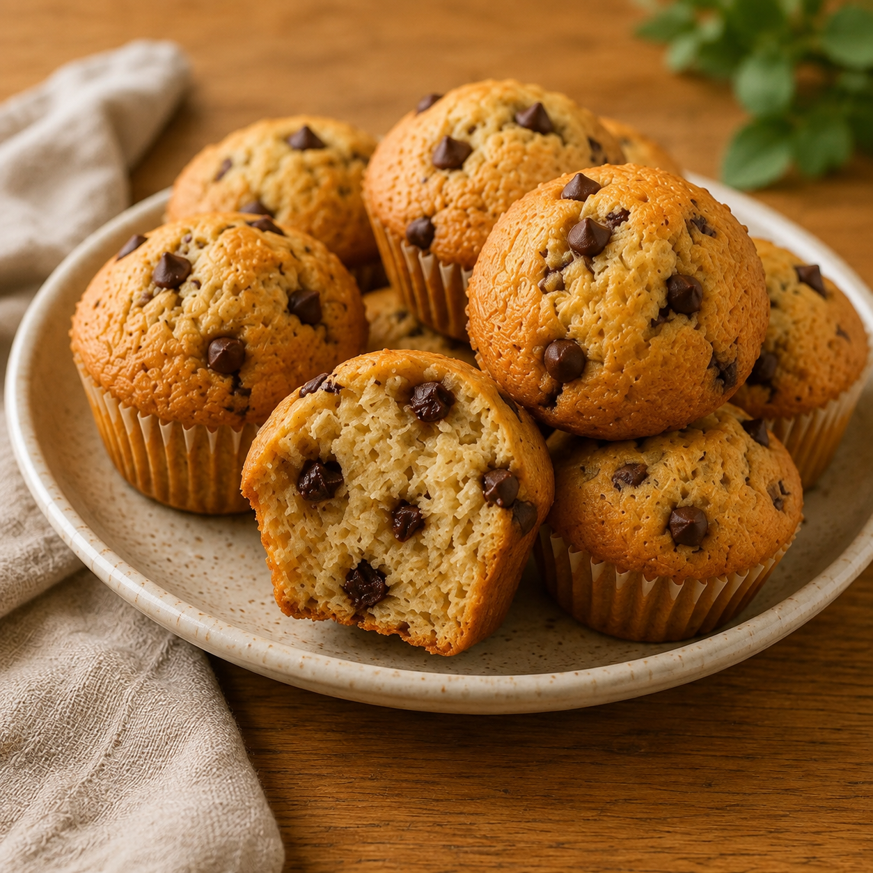 Muffins maison moelleux à la compote et aux pépites de chocolat, bien gonflés et légèrement dorés, présentés pour un goûter de rentrée scolaire.