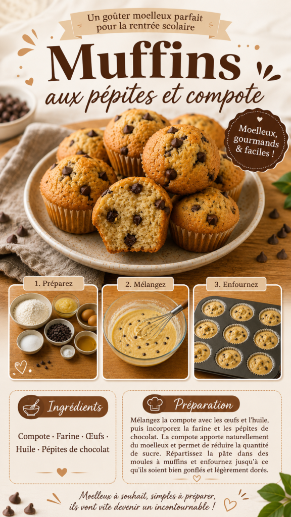 Muffins maison moelleux à la compote et aux pépites de chocolat, bien gonflés et légèrement dorés, présentés pour un goûter de rentrée scolaire.
