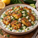 Salade de pommes de terre écrasées croustillantes servie sur une sauce crémeuse au yaourt et citron, garnie de concombre frais, feta émiettée et herbes fraîches.