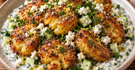 Salade de pommes de terre écrasées croustillantes servie sur une sauce crémeuse au yaourt et citron, garnie de concombre frais, feta émiettée et herbes fraîches.