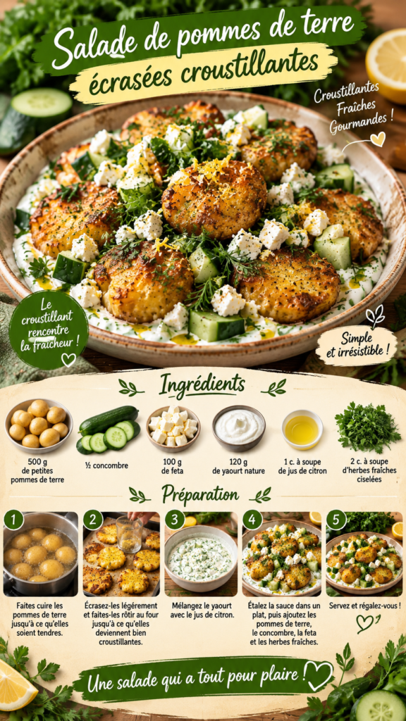 Salade de pommes de terre écrasées croustillantes servie sur une sauce crémeuse au yaourt et citron, garnie de concombre frais, feta émiettée et herbes fraîches.