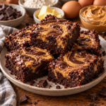 Brownies fondants au chocolat noir avec tourbillons de beurre de cacahuète crémeux sur le dessus, découpés en carrés épais et gourmands.