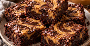 Brownies fondants au chocolat noir avec tourbillons de beurre de cacahuète crémeux sur le dessus, découpés en carrés épais et gourmands.