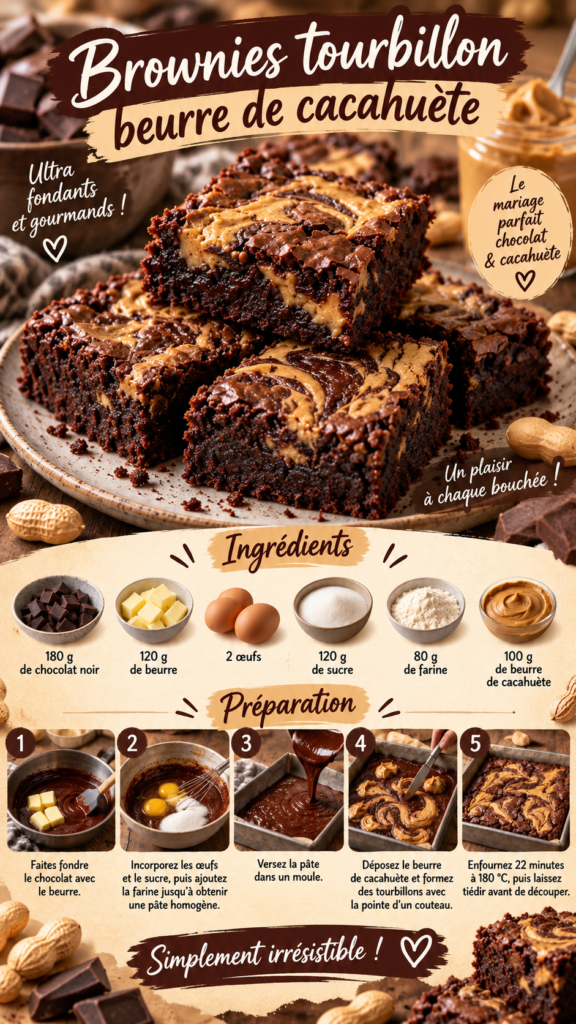 Brownies fondants au chocolat noir avec tourbillons de beurre de cacahuète crémeux sur le dessus, découpés en carrés épais et gourmands.