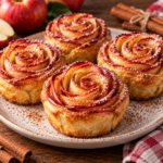 Pomme feuilletée en rosace dorée au four, composée de fines tranches de pommes roulées dans une pâte feuilletée croustillante parfumée au sucre et à la cannelle.