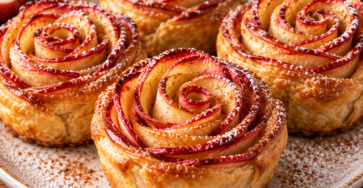 Pomme feuilletée en rosace dorée au four, composée de fines tranches de pommes roulées dans une pâte feuilletée croustillante parfumée au sucre et à la cannelle.