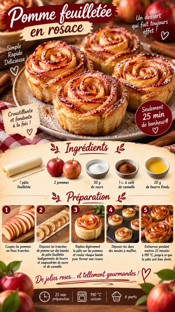 Pomme feuilletée en rosace dorée au four, composée de fines tranches de pommes roulées dans une pâte feuilletée croustillante parfumée au sucre et à la cannelle.