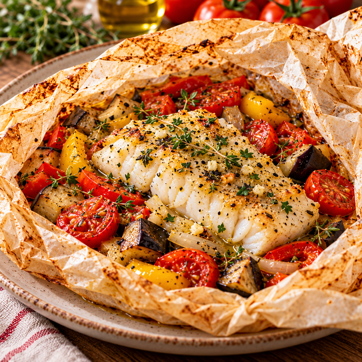 Dos de cabillaud cuit en papillote avec aubergine, tomates, poivron, huile d’olive et herbes méditerranéennes, servi chaud.
