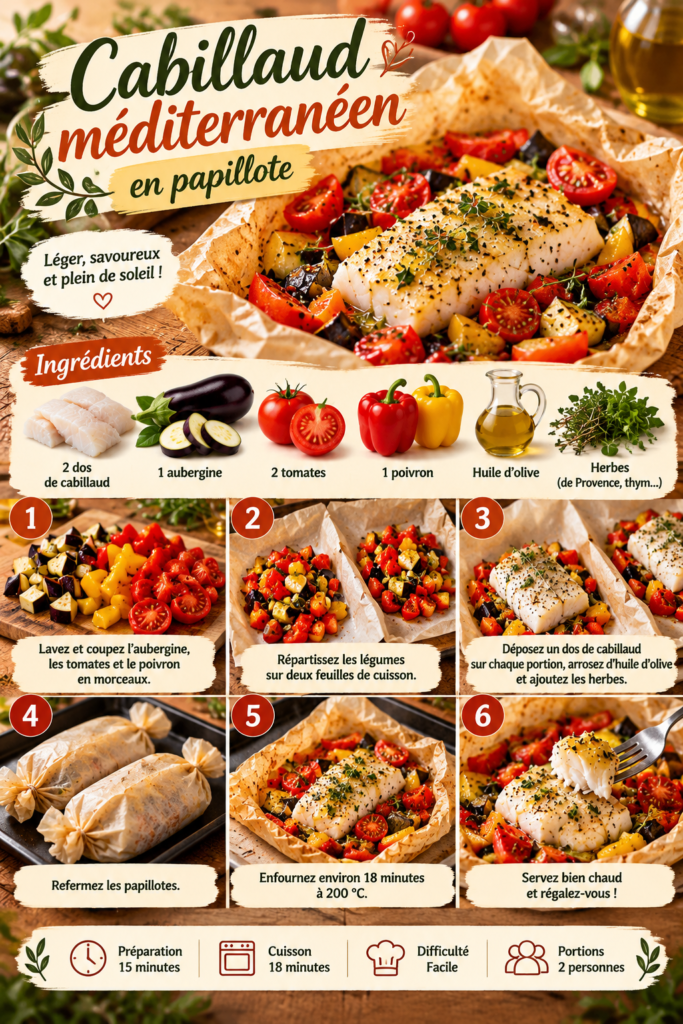 Dos de cabillaud cuit en papillote avec aubergine, tomates, poivron, huile d’olive et herbes méditerranéennes, servi chaud.