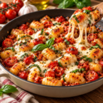 Gnocchis poêlés dorés avec tomates cerises fondantes, mozzarella filante, ail et feuilles de basilic frais.