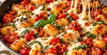 Gnocchis poêlés dorés avec tomates cerises fondantes, mozzarella filante, ail et feuilles de basilic frais.