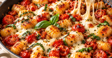 Gnocchis poêlés dorés avec tomates cerises fondantes, mozzarella filante, ail et feuilles de basilic frais.