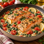 Pavés de saumon dorés servis dans une sauce crémeuse avec épinards fondants, tomates cerises et filet de citron frais.