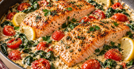 Pavés de saumon dorés servis dans une sauce crémeuse avec épinards fondants, tomates cerises et filet de citron frais.