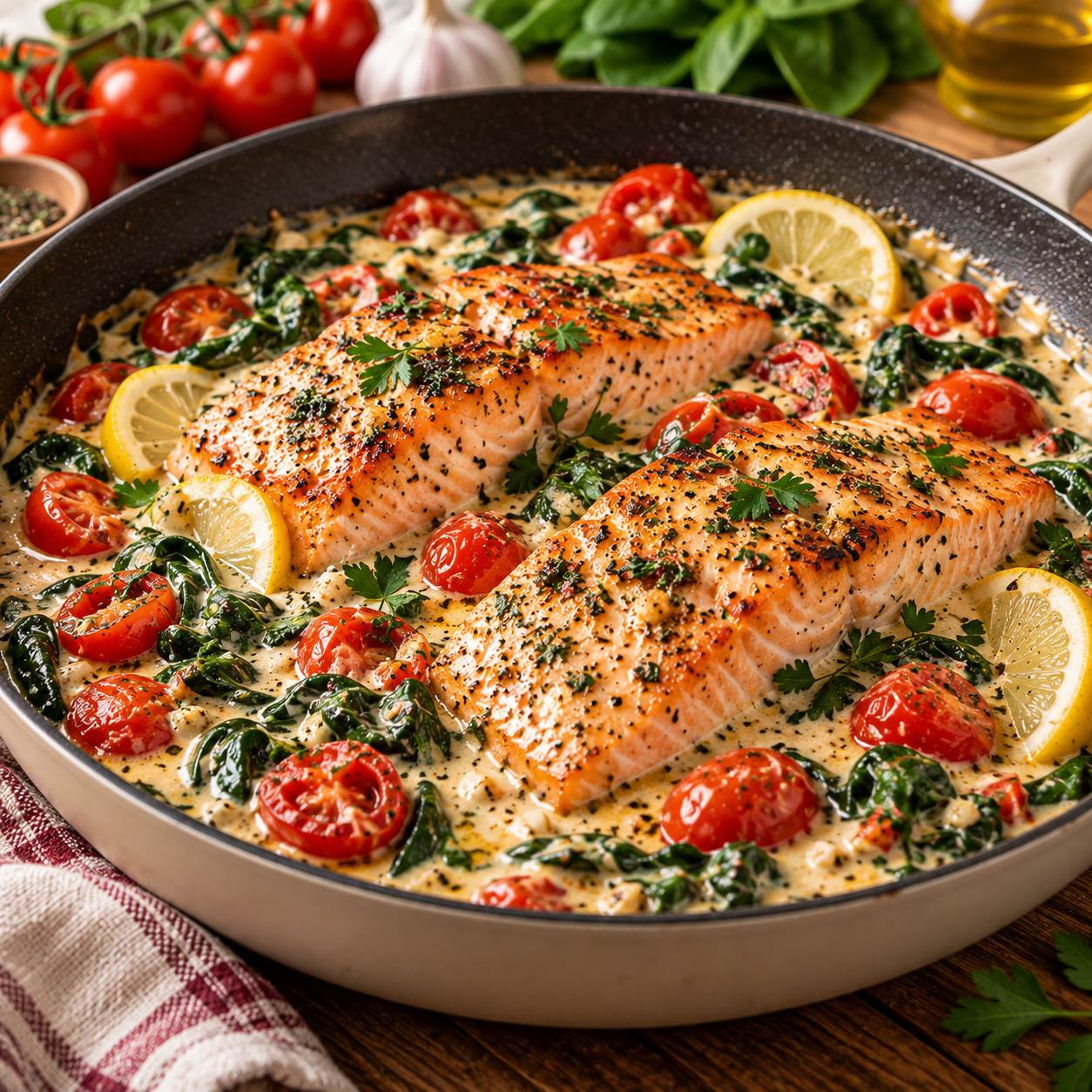Pavés de saumon dorés servis dans une sauce crémeuse avec épinards fondants, tomates cerises et filet de citron frais.