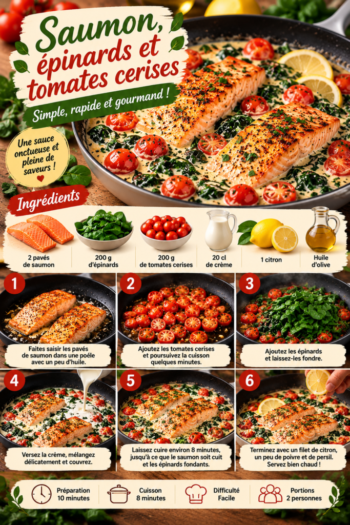 Pavés de saumon dorés servis dans une sauce crémeuse avec épinards fondants, tomates cerises et filet de citron frais.
