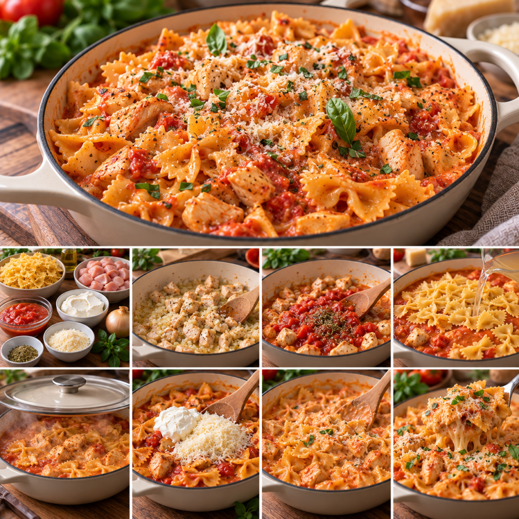One-pot pasta crémeux au poulet, farfalle, sauce tomate, Philadelphia et parmesan, servi chaud avec une touche d’origan.