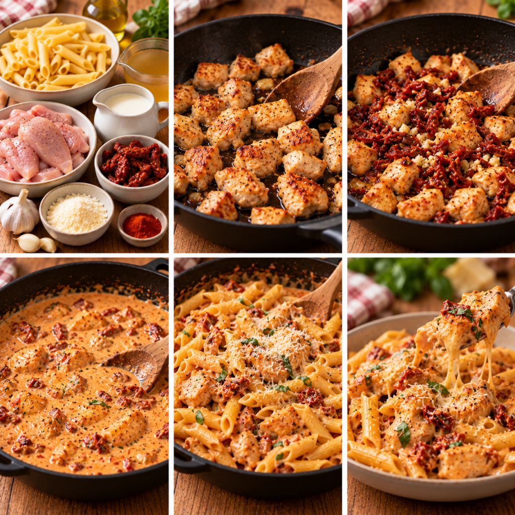 Pâtes crémeuses au poulet façon Marry Me avec tomates séchées, parmesan, ail et sauce onctueuse au paprika.