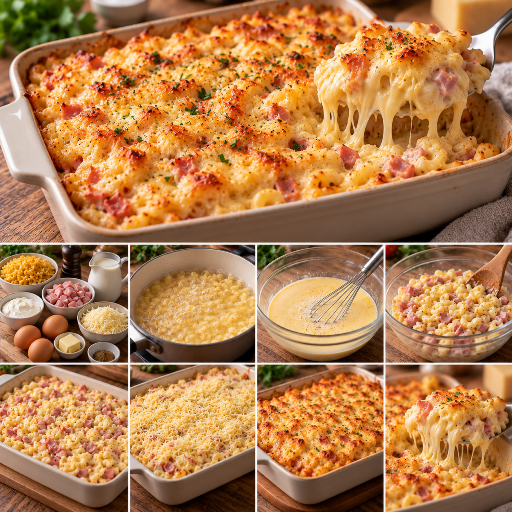 Gratin de coquillettes au jambon recouvert d’emmental fondu et doré, servi chaud dans un plat familial.