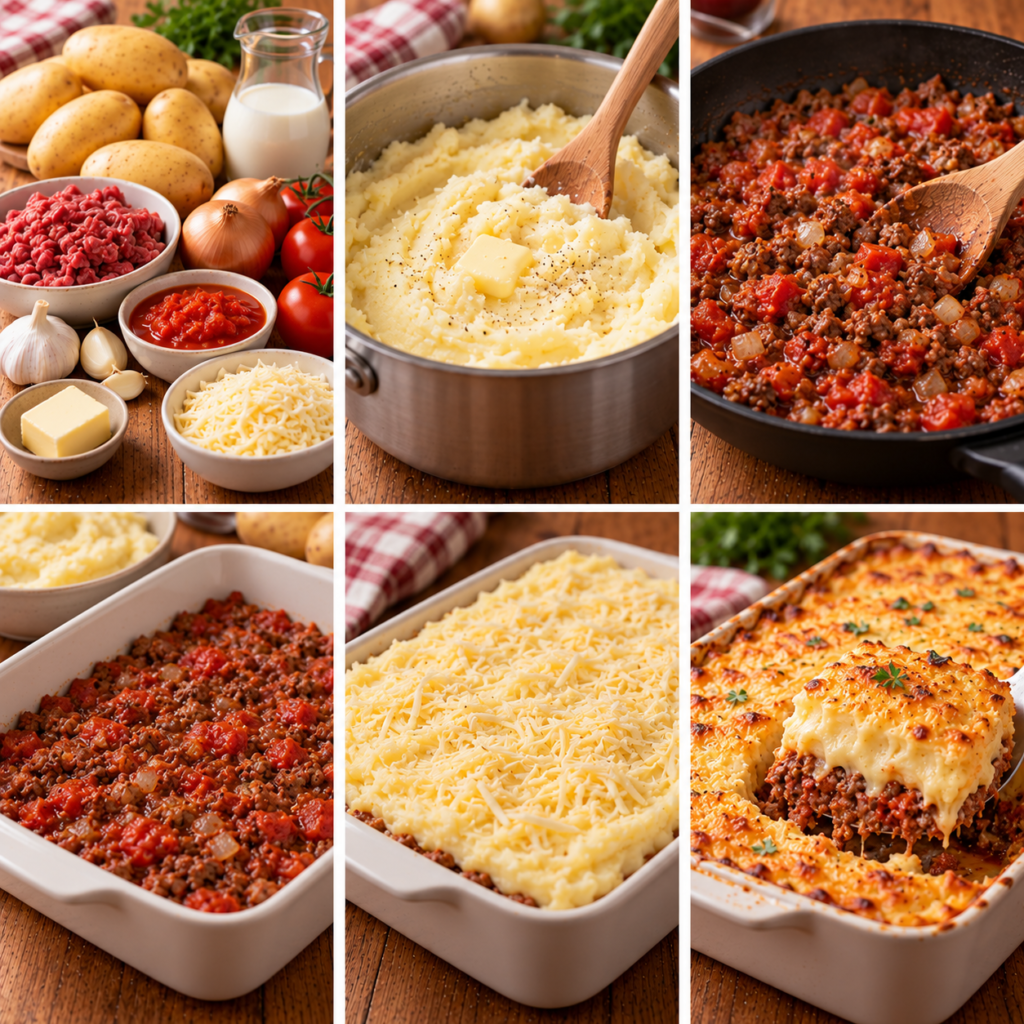 Hachis parmentier familial au bœuf et tomates recouvert d’une purée de pommes de terre crémeuse et de fromage bien gratiné.