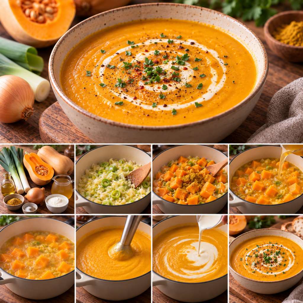 Bol de velouté de butternut et poireaux au curry, crémeux et orangé, servi avec un filet de crème et quelques herbes fraîches.