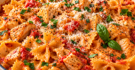 One-pot pasta crémeux au poulet, farfalle, sauce tomate, Philadelphia et parmesan, servi chaud avec une touche d’origan.