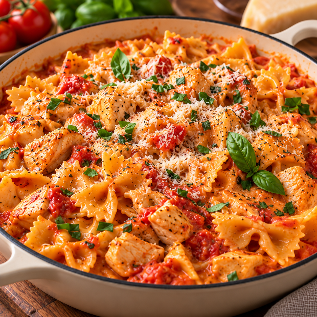 One-pot pasta crémeux au poulet, farfalle, sauce tomate, Philadelphia et parmesan, servi chaud avec une touche d’origan.