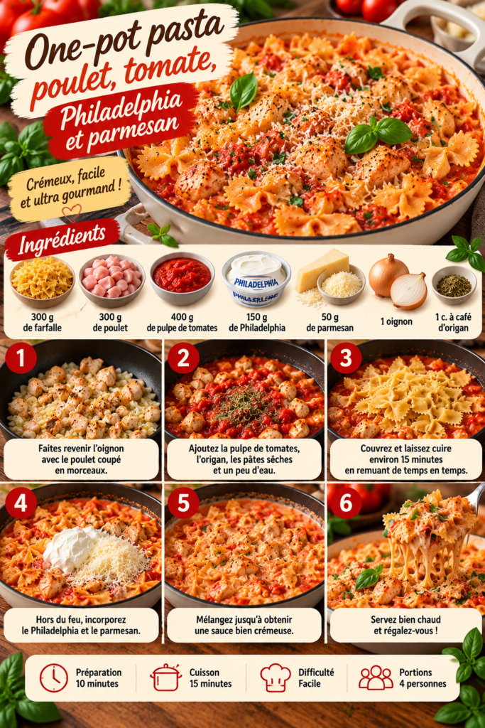 One-pot pasta crémeux au poulet, farfalle, sauce tomate, Philadelphia et parmesan, servi chaud avec une touche d’origan.