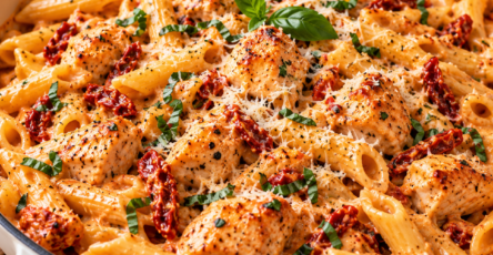 Pâtes crémeuses au poulet façon Marry Me avec tomates séchées, parmesan, ail et sauce onctueuse au paprika.