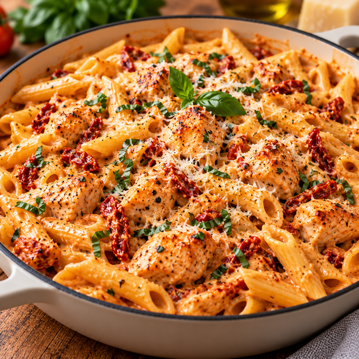 Pâtes crémeuses au poulet façon Marry Me avec tomates séchées, parmesan, ail et sauce onctueuse au paprika.